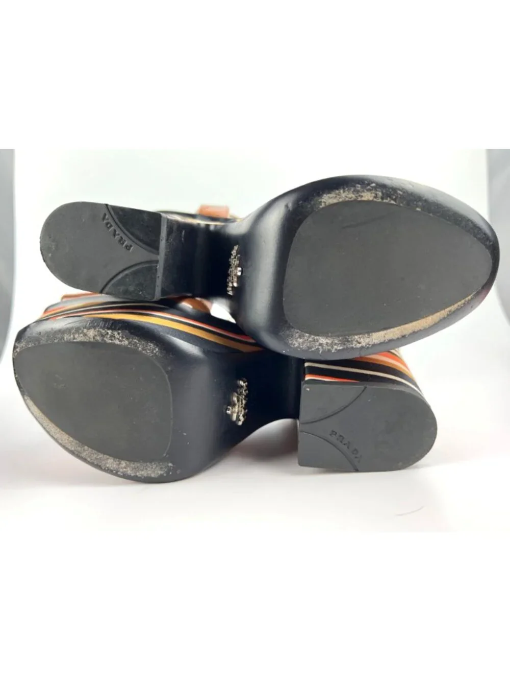 Prada Brown Patent Leather Peep-Toe Platform Heels With Striped Fabric Size 8.5